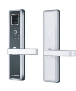 Shows the Dormakaba M5 Smartlock in black finish with silver trim